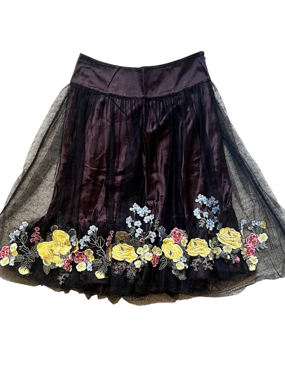 Karen Millen Black Tulle Brown Slip Floral Embroidered Midi Skirt Size 4